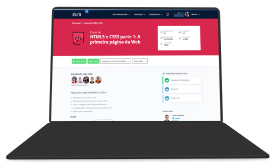 Um notebook com a página do curso HTML5 e CSS3 da Alura aberta