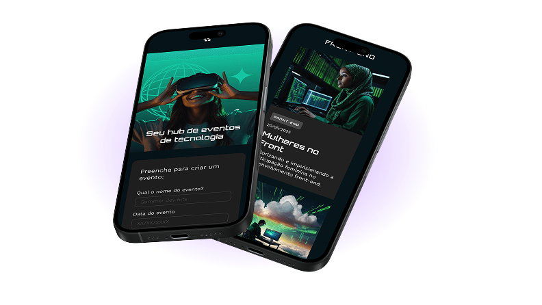 Tela do app TecBoard em dois celulares pretos sobrepostos com destaque para o hub de eventos de tecnologia.